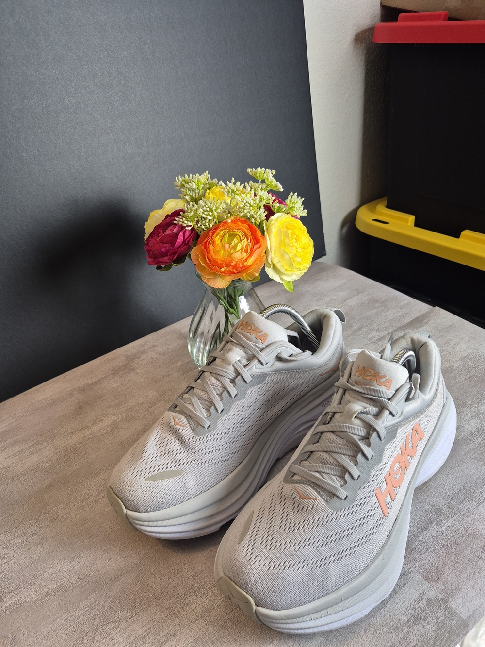Hoka Women's Light Gray Running Sneakers with Peach Accents. Size 10B - Picture 2 of 4